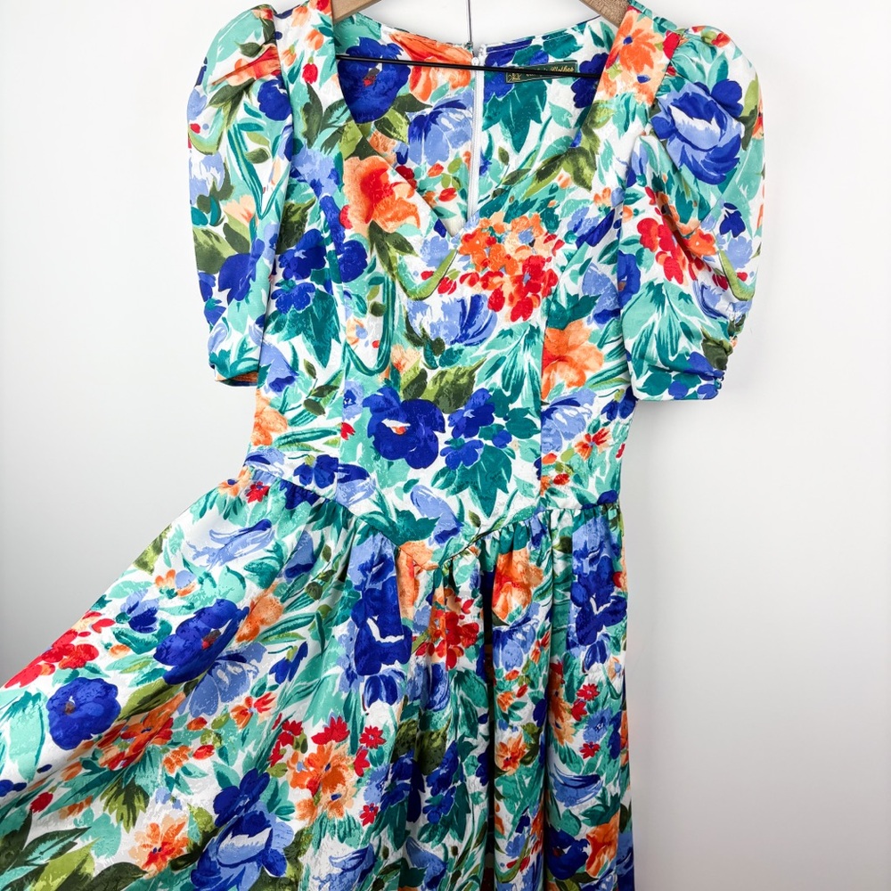 Vintage 80s Floral Basque Waist Pleated Puff Sleeve Midi Dress Golden Girls Blue - Picture 5 of 9